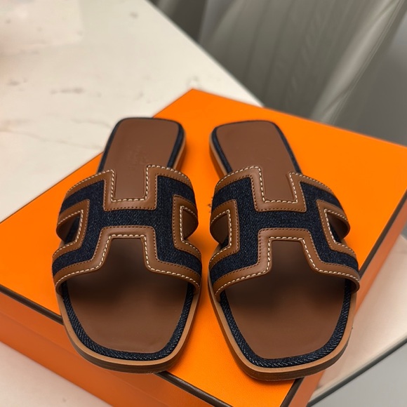 Hermes Shoes - Hermes Brown and Navy Leather Oran Slide Sandals